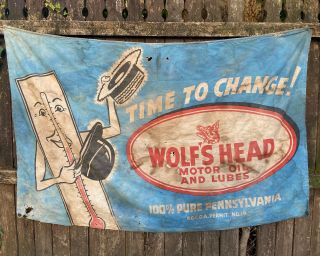Wolfs Head Oil Banner Gas Station Country Store Sign Vintage Antique Canvas Flag