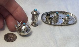 Dollhouse Miniature Sterling Silver Turquoise Tea Set By Navajo Eliz Whitman