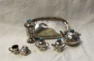 Dollhouse Miniature STERLING Silver Turquoise Tea Set by Navajo Eliz Whitman 2