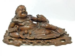 Old Antique Chinese Sculpture Statue Carved Wood Buddha Lucky Toad 1700 