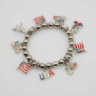 Vintage Silver Tone Patriotic U.  S.  A.  American Flag American Eagle Charm Bracelet