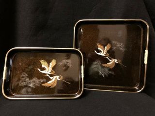 Vintage Japanese Black Lacquer Serving Trays Flying Cranes Pine Wrapped Handles