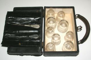 Antique,  Civil War Era Blood Letting,  Bleeding Kit,  Glass Cups & Medical Tools