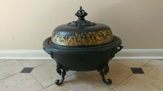 Antique Victorian Coal Scuttle Black Painted Cast Iron Metal Gold Stencil Design