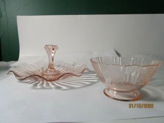 Vintage Pink Depression Glass Candy Dish With Handle & Sugar Bowl Fleur De Lis