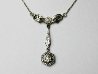 Antique Edwardian Art Deco 14k White Gold Diamond Lavalier Y Drop Necklace