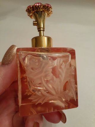 Hand Cut Vintage Perfume Bottle With Frosted Leave Design And Rhinestones