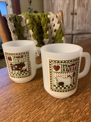 Vintage Fire King Anchor Hocking Rodger Johnson Chicken And Cow Milk Glass Mugs