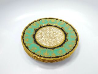 Antique Royal Doulton 4 Hand Painted Gold Encrusted Green Black Salad Plates 