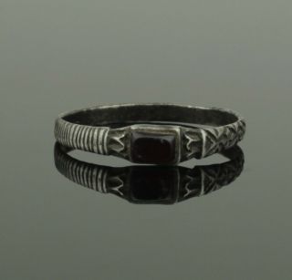 Ancient Medieval Silver Ring With Garnet - Circa 14th C Ad