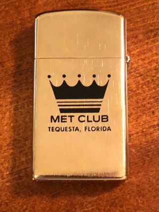 Vintage 1976 Zippo Slim Gold Tone Met Club Tequesta Florida Advertising Lighter