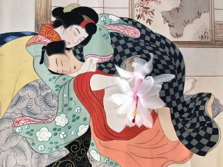 Japanese Shunga Handpainted Scroll,  Erotic And Explicit,