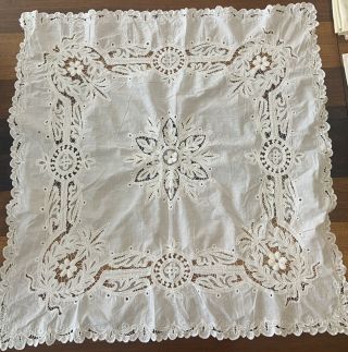 Vintage Battenburg Lace Square Tablecloth White Handmade 32 "