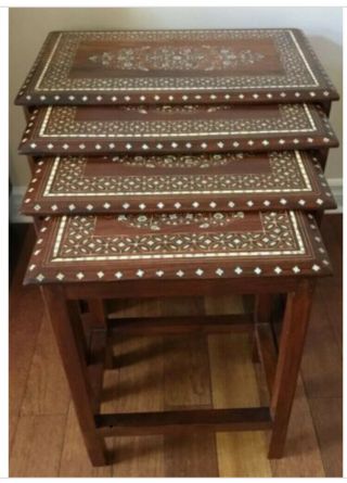 Vintage Rosewood Sirian Style Inlaid Mother Of Pearl Wood Nesting Tables Ottoman