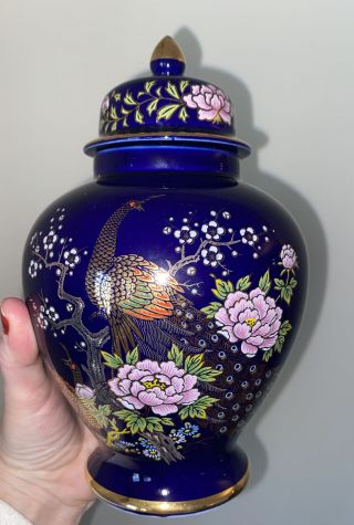 Vintage Cobalt Blue Ginger Jar With Peacock/floral Scene Made In Japan