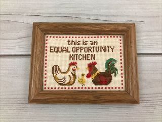 Vtg ‘equal Opportunity Kitchen’ Framed Needlepoint Wall Art Chicken Farm Family