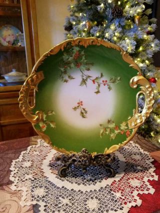 Antique Limoges Hand Painted Holly Berry Cake Plate Charger