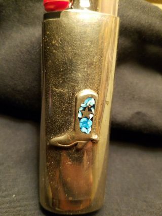Vtg Cowboy Boot Star Western Cover Case Lighter Holder Silver Turquoise Fits Bic