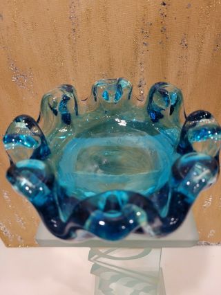 Vintage Blue Candy Dish / Ashtray Art Blown Glass Mid Century Modern 6 " X 2 "