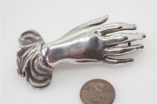 Striking Large Antique Victorian English Sterling Silver Hand Brooch C1850