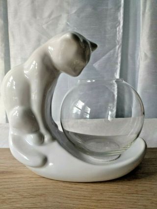 Vintage Mcm Royal Haeger Pottery Cat With Fish Bowl Stand Ivory White Glaze 8