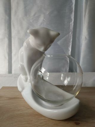 Vintage MCM Royal Haeger Pottery Cat with Fish Bowl Stand Ivory White Glaze 8 2