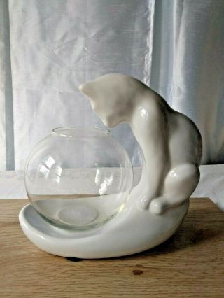 Vintage MCM Royal Haeger Pottery Cat with Fish Bowl Stand Ivory White Glaze 8 3