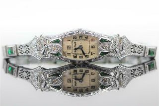Art Deco Bulova 14k Solid White Gold Diamond & Emerald Wristwatch For Repair