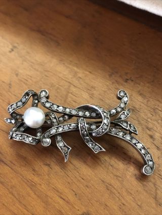 Antique Victorian 18k Gold Silver Old Rose Cut Diamond Pearl Pin Brooch