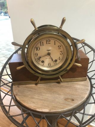 Ca.  1950 Seth Thomas Mayflower - 3 Time Strike Ships Clock On Mahogany Base