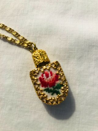 Vintage German Hand Embroidered Rose Perfume Bottle Pendant Necklace