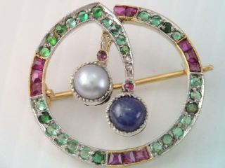 Antique 18k Gold Rose Cut Diamond Ruby Emerald Sapphire Pin Gorgeous Look