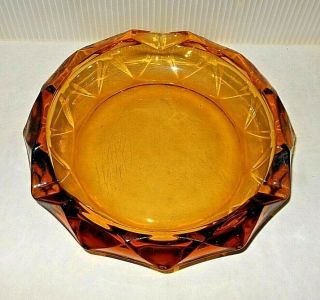 Mid Century Modern Vintage Large Round Diamond Edge Gold Glass Cigar Ashtray