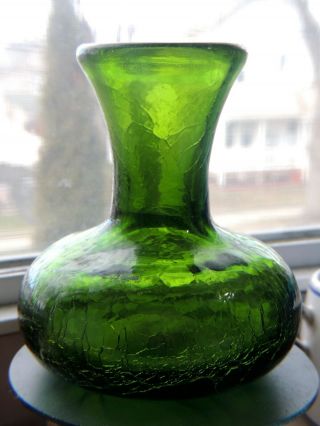 Vintage Blenko Emerald Green Crackle Glass Vase 4 1/4 In.  Tall