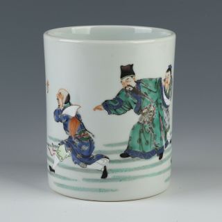 Antique Chinese Color Famille Verte Figures Pattern Porcelain Brush Pot