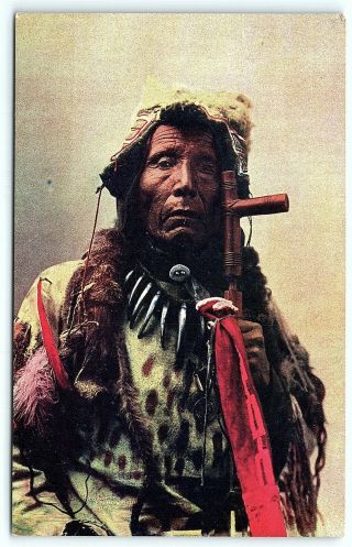 Vtg Postcard Antique Native Shot In Eye Warrior Custer Battle Advertising A5