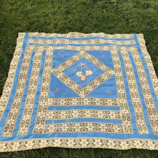Antique 1920’s Blue Silk & Lace Embroidered Table Cloth,  Coverlet