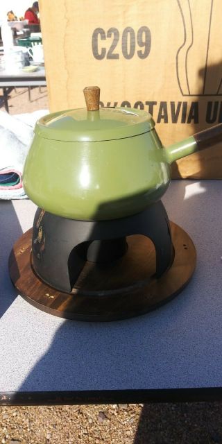 Vintage Green Fondue Pot With Forks
