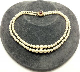 Antique Art Deco 9ct Gold Garnet & Pearl Double Strand Choker Necklace
