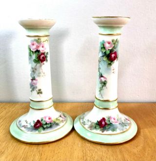 2 Vintage Porcelain Hand Painted Candlesticks Holders,  Rose Pattern