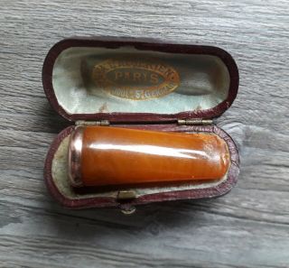 French Amber Charoot Cigarette Holder With 18ct Rim,  Case