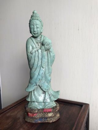 Antique Chinese Hand Carved Turquoise Buddha Statue With Stand