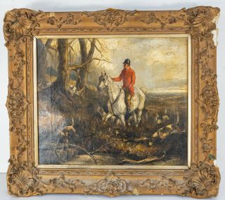 Antique English Oil Painting On Canvas Hunting Scene On Horseback Unsigned