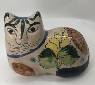Mexican Tonala Cat Folk Art Pottery Hand Painted Signed Vintage