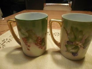 Vtg Set Of Two (2) Hand Painted Porcelain Limoges Handled Mugs With Fruit