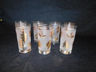 Vintage Libbey Frosted Tumblers With Gold Leaves Set Of 7