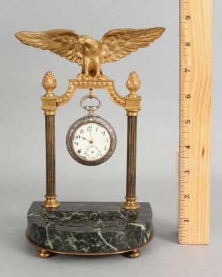 Antique 19thc Gold Gilt Bronze American Eagle Pocket Watch Holder & Marble Tray