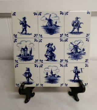 Vintage Delft Blue And White Ceramic Tile Hand Painted Made In Holland 6 " X 6 "