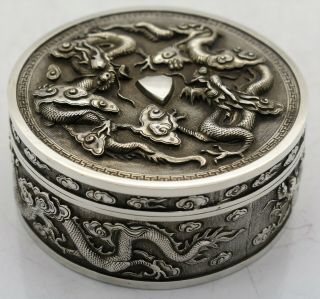 Fine Chinese Export Solid Silver Heavy Dragon Box.  Double Skinned.  Signed C.  1900