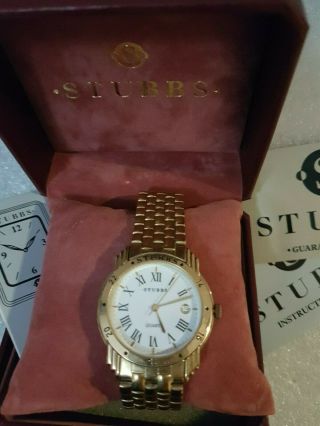 Stubbs Mens Vintage Fashion Quartz Analogue Gold Plated Steel Strap Wrist Watch